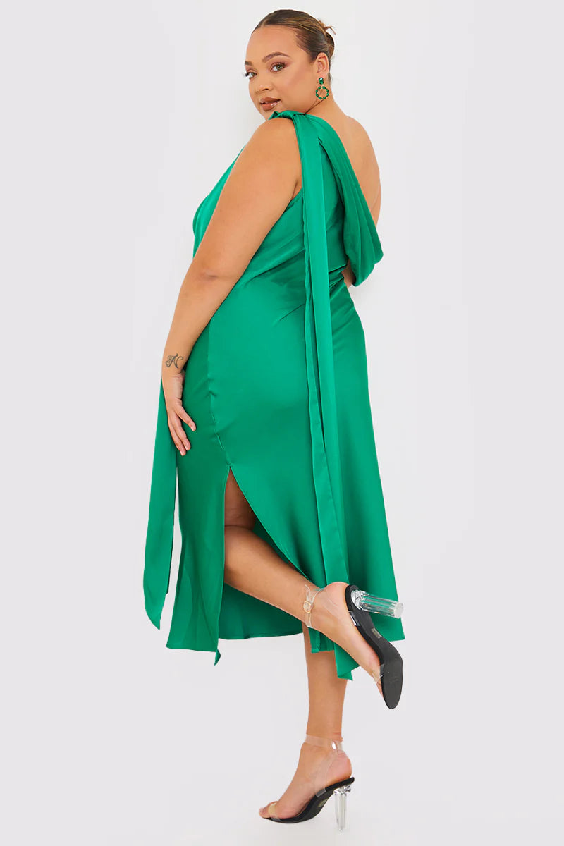Green Satin Asymmetric Neckline Midi Dress