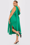 Green Satin Asymmetric Neckline Midi Dress