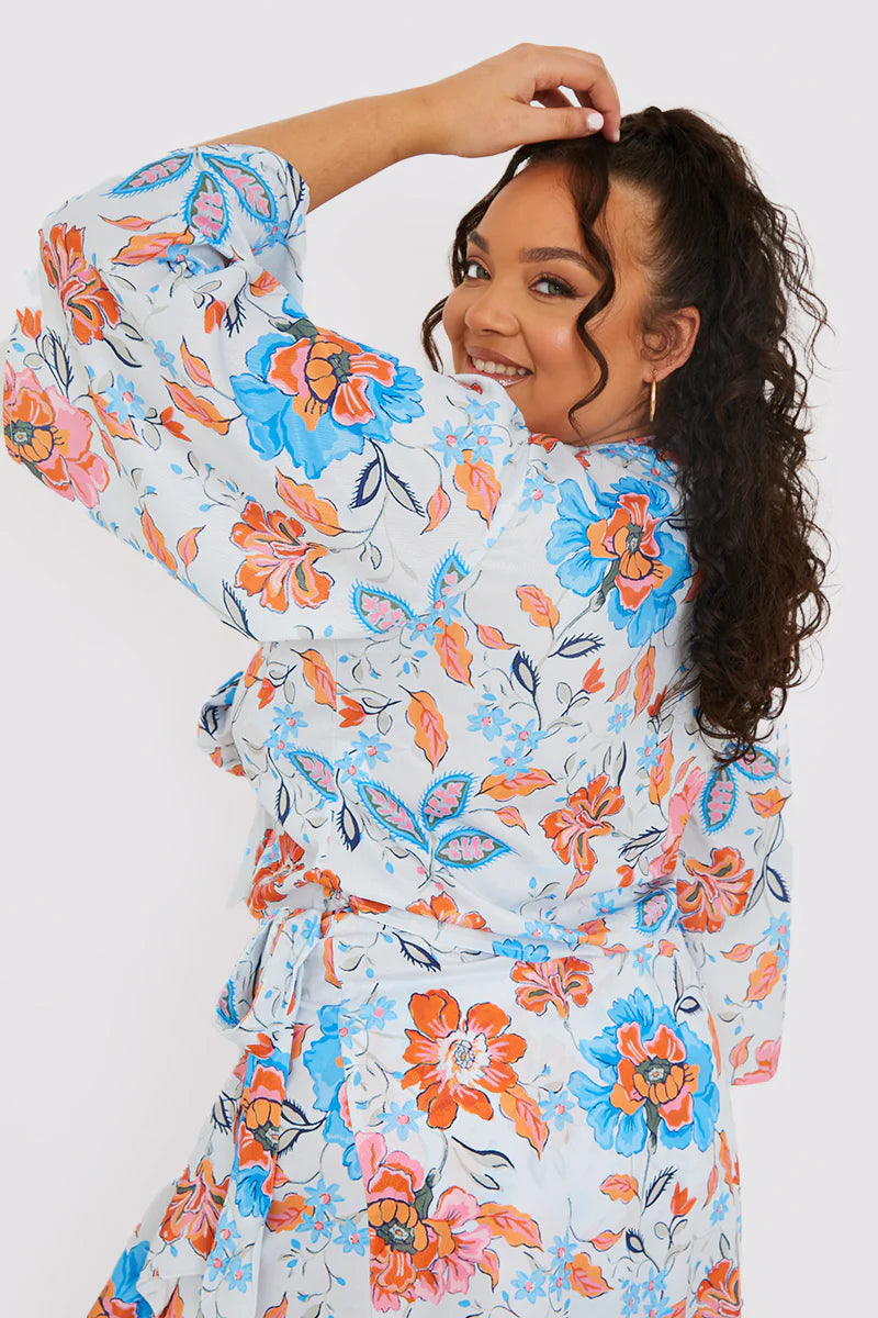 Multi Floral Tie Front Fluted Sleeve Crop Top