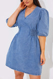 Denim V Neck Shirred Waist Tie Back Mini Dress