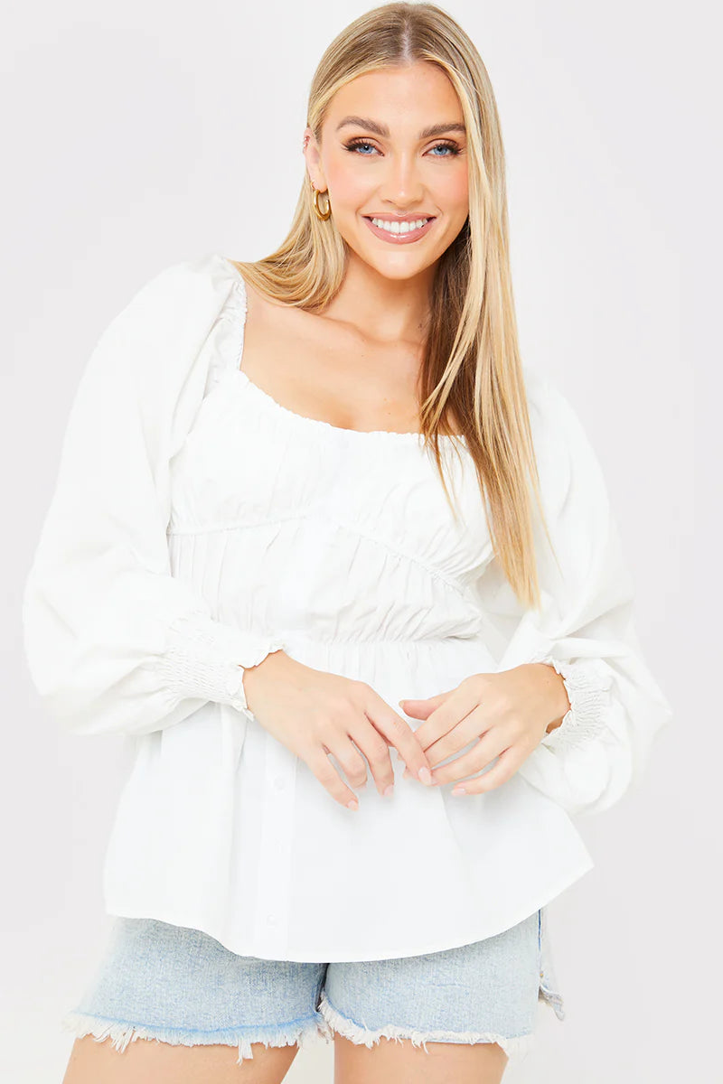 Shirred Button Down Blouse