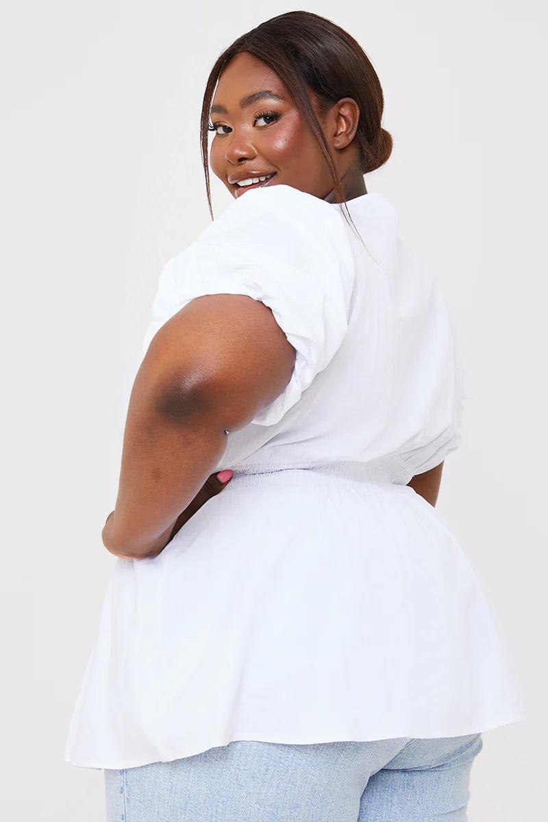 Poplin Shirred Waist Puff Sleeve Top