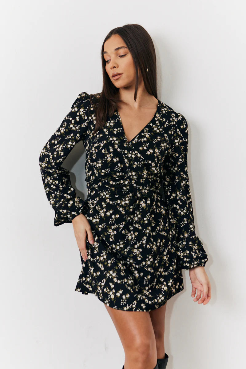 Black Ditsy Floral Printed Mini Wrap Front Dress