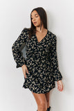 Black Ditsy Floral Printed Mini Wrap Front Dress