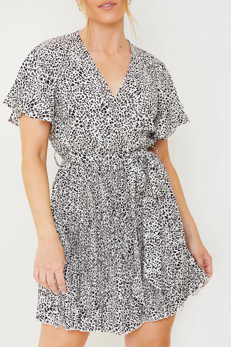 Animal Print Pleated Wrap Mini Dress