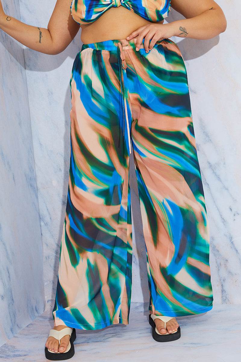 Abstract Print Wide Leg Elastic Waist Trousers