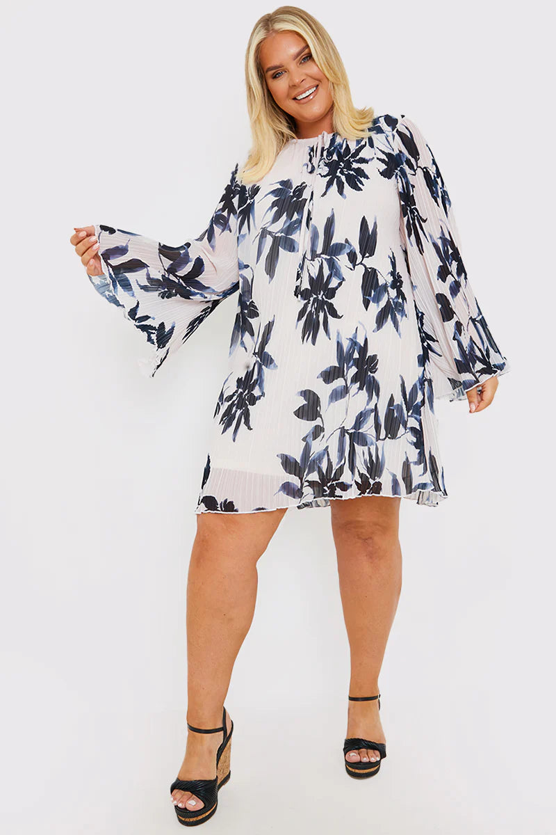 Floral Print Plisse Tie Detail Swing Dress