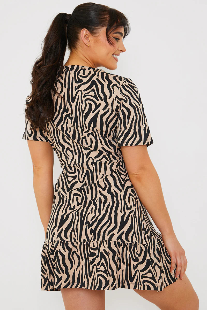 Animal Print Short Sleeve Wrap Swing Dress