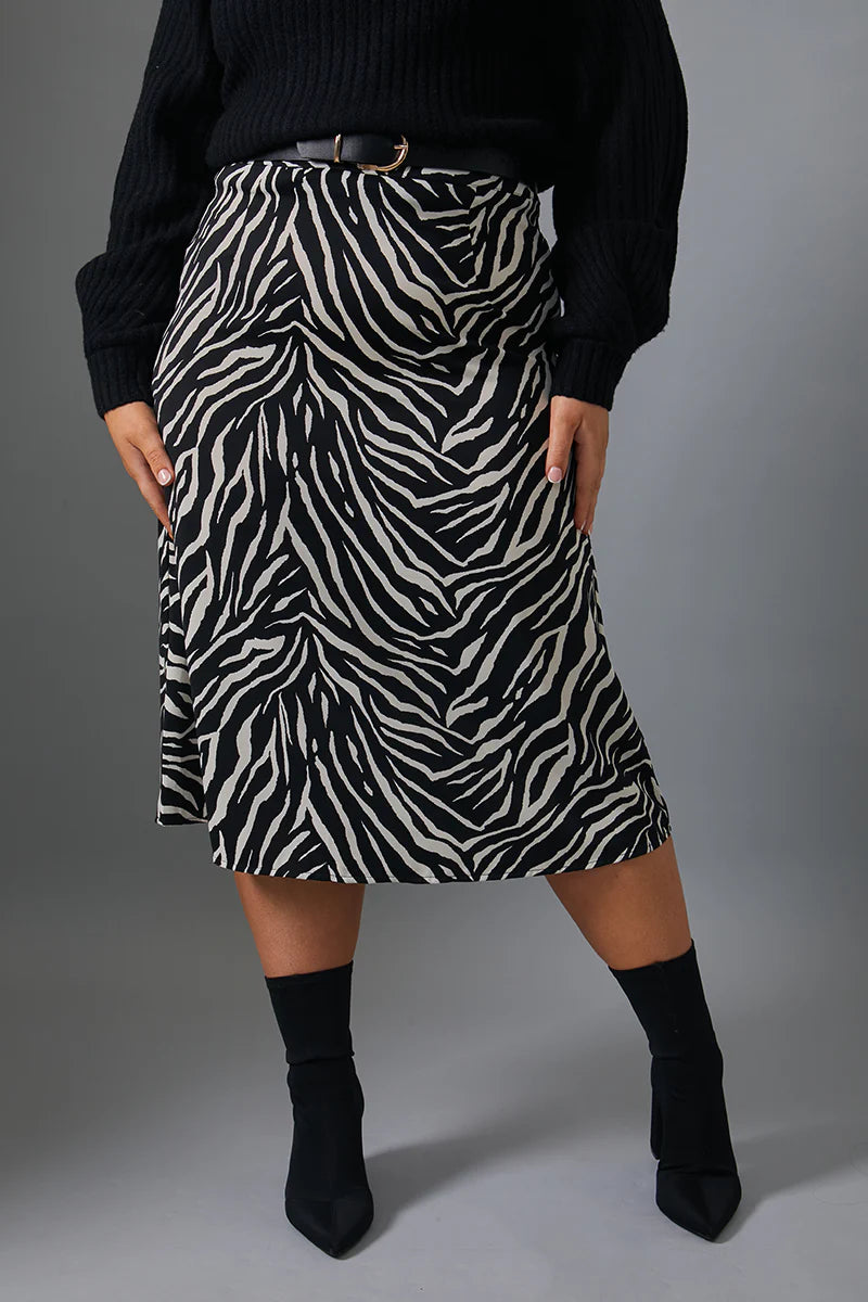 Zebra Print Satin Midi Skirt