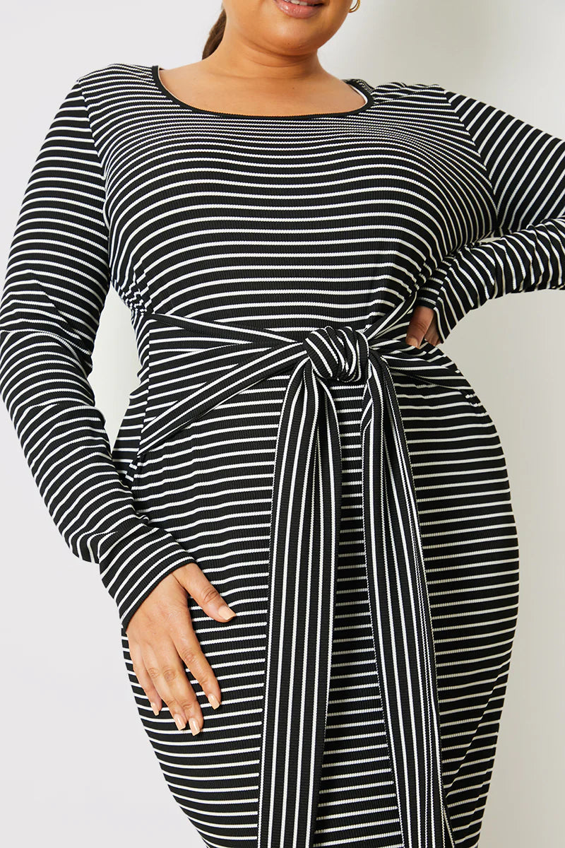 Stripe Ribbed Long Sleeve Bodycon Dress With Tie Waist Detail