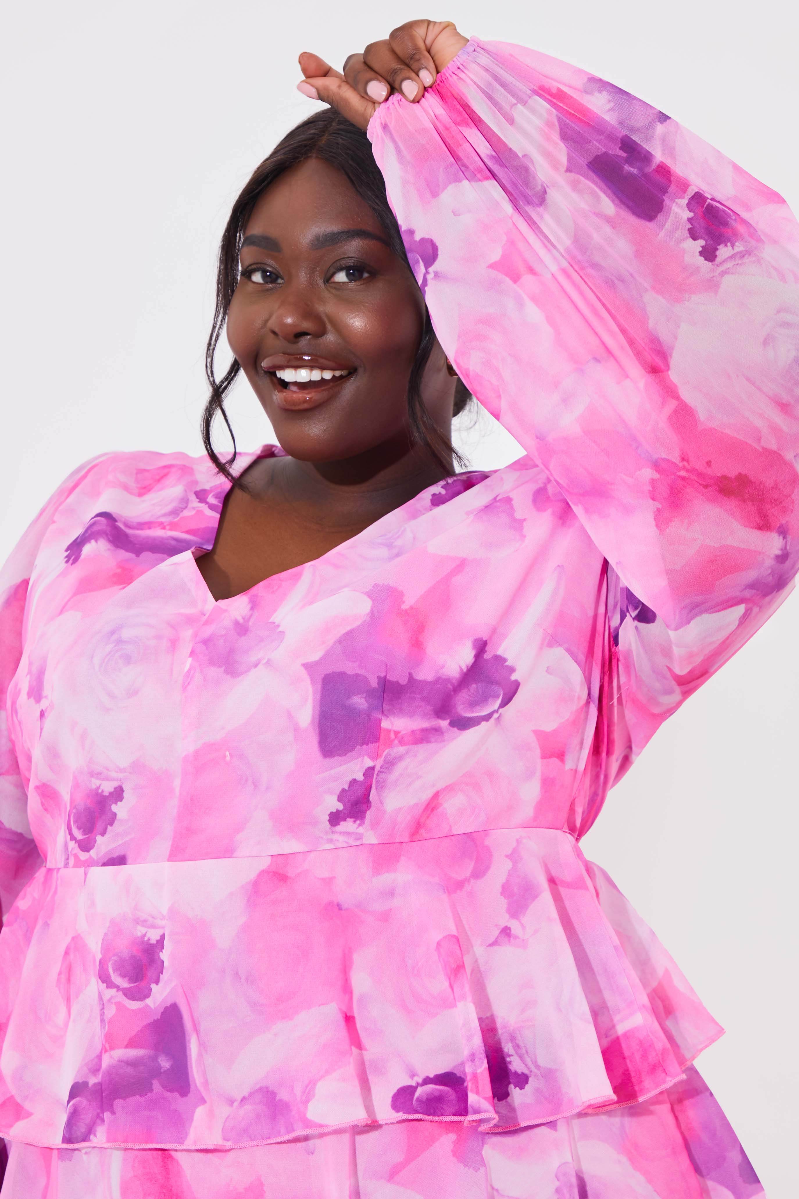 Abstract Floral Chiffon Frill Midaxi Dress