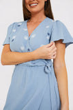 Floral Embroidered Wrap Midi Dress