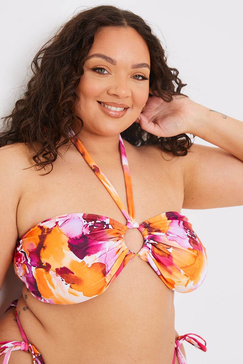Abstract Print Halterneck Ring Detail Bikini Top
