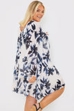 Floral Print Long Sleeve Wrap Frill Detail Midi Dress