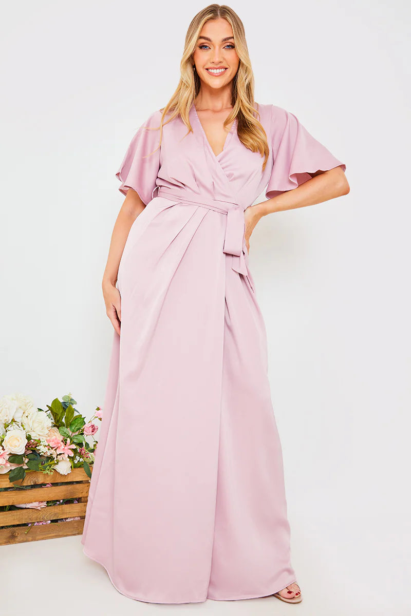 Satin Flutter Sleeve Tie Waist Wrap Dress