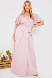 Satin Flutter Sleeve Tie Waist Wrap Dress