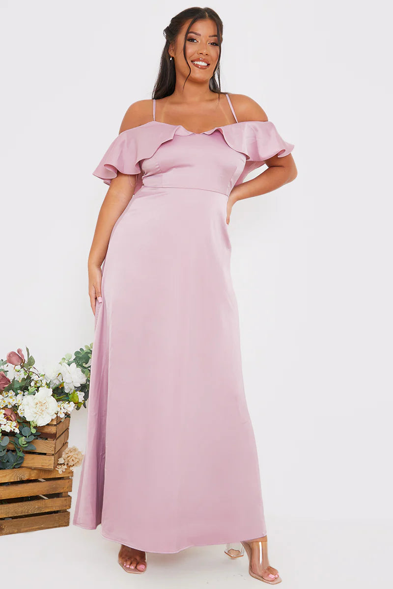 Satin Frill Off The Shoulder Maxi Dress