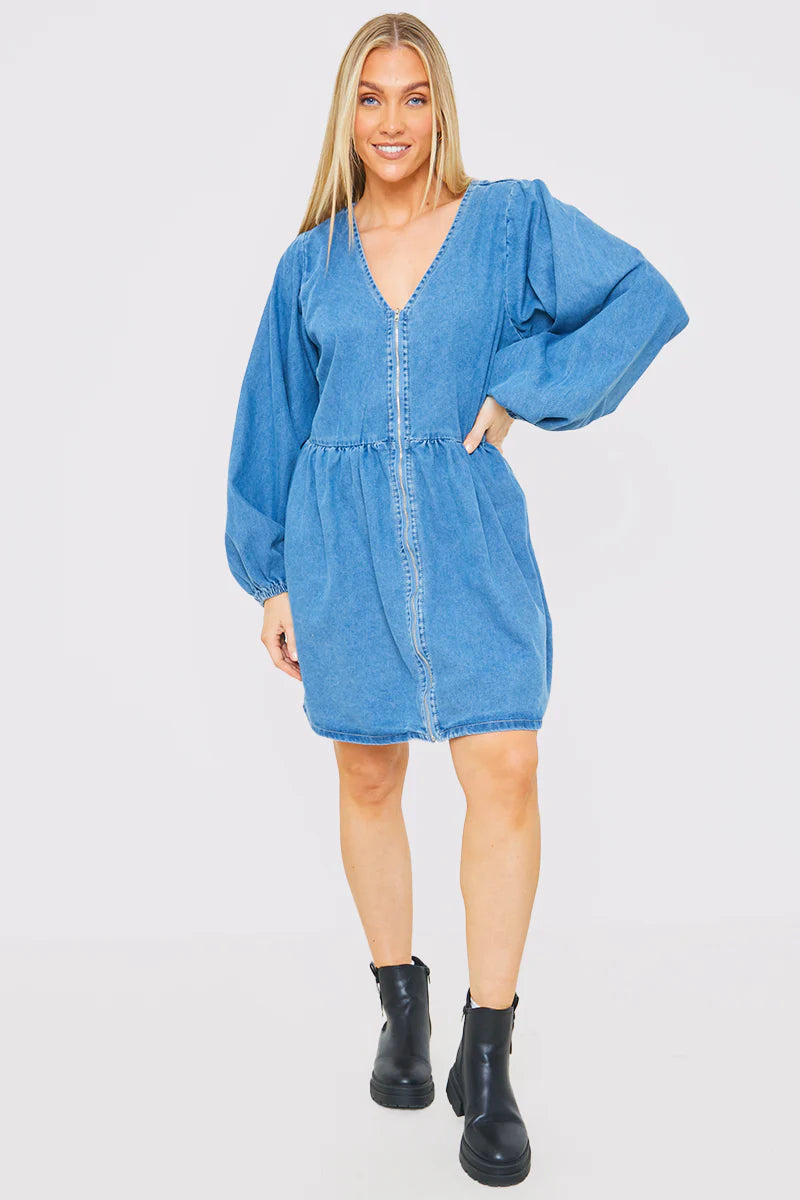 V NECK ZIP THORUGH DENIM MINI DRESS