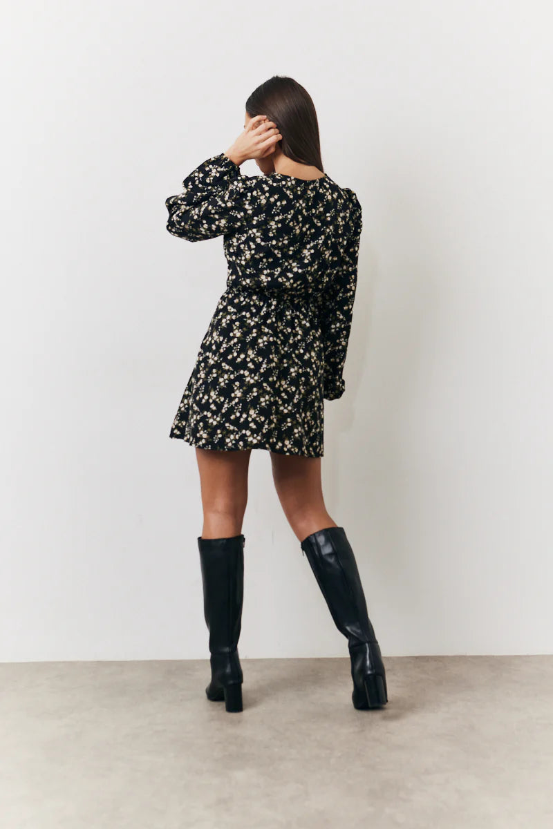 Black Ditsy Floral Printed Mini Wrap Front Dress