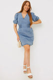 Denim V Neck Shirred Waist Tie Back Mini Dress