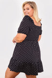 Polka Dot Shirred Bust Puff Sleeve Swing Dress