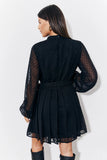 Black Dobby Belted Pleated Skater Mini Dress