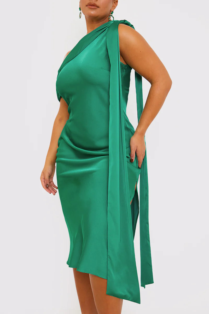 Green Satin Asymmetric Neckline Midi Dress