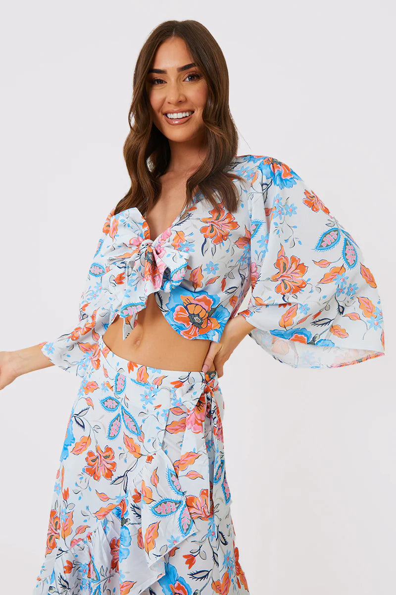 Multi Floral Tie Front Fluted Sleeve Crop Top
