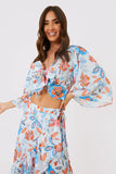 Multi Floral Tie Front Fluted Sleeve Crop Top