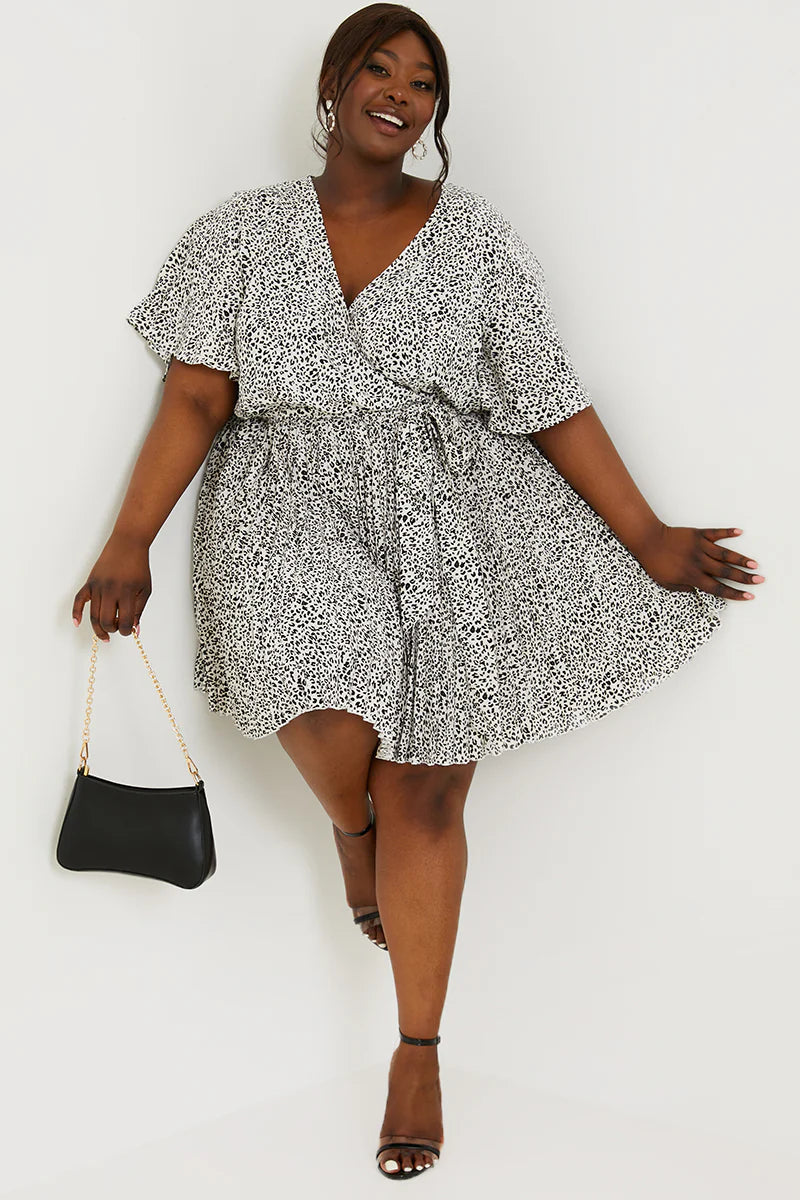 Animal Print Pleated Wrap Mini Dress
