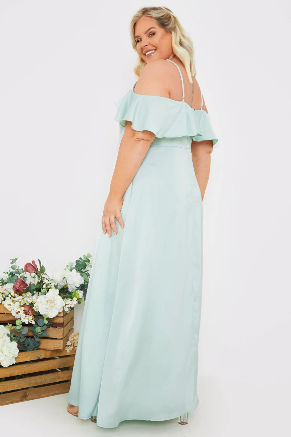 Satin Frill Off The Shoulder Maxi Dress