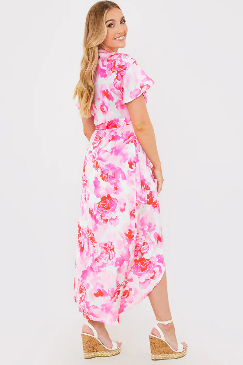 Short Sleeve Satin Wrap Belted Midaxi Dress