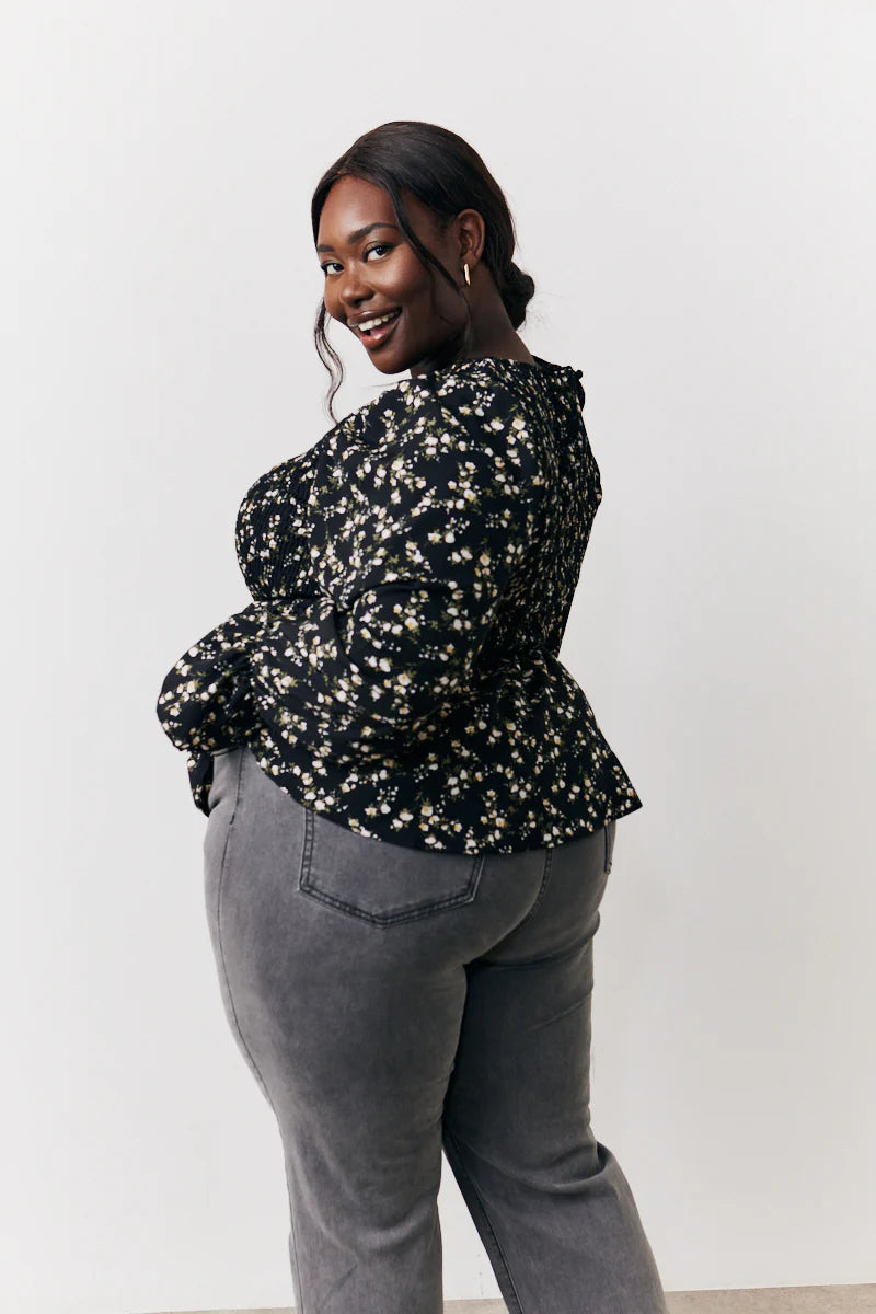 Black Floral Shirred Bust Blouse