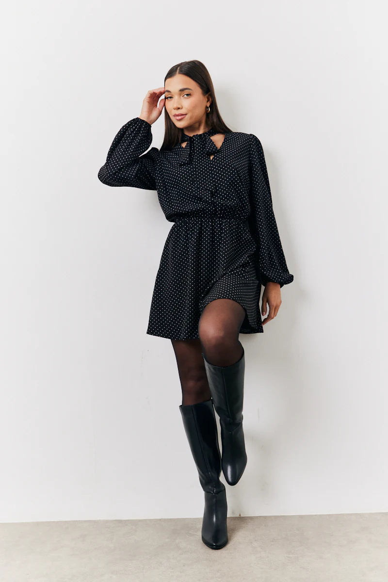 Black and White Polka Dot Mini Dress with Tie Neck