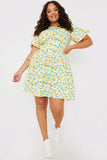 Round Neck Shirred Waist Lemon Smock Dress