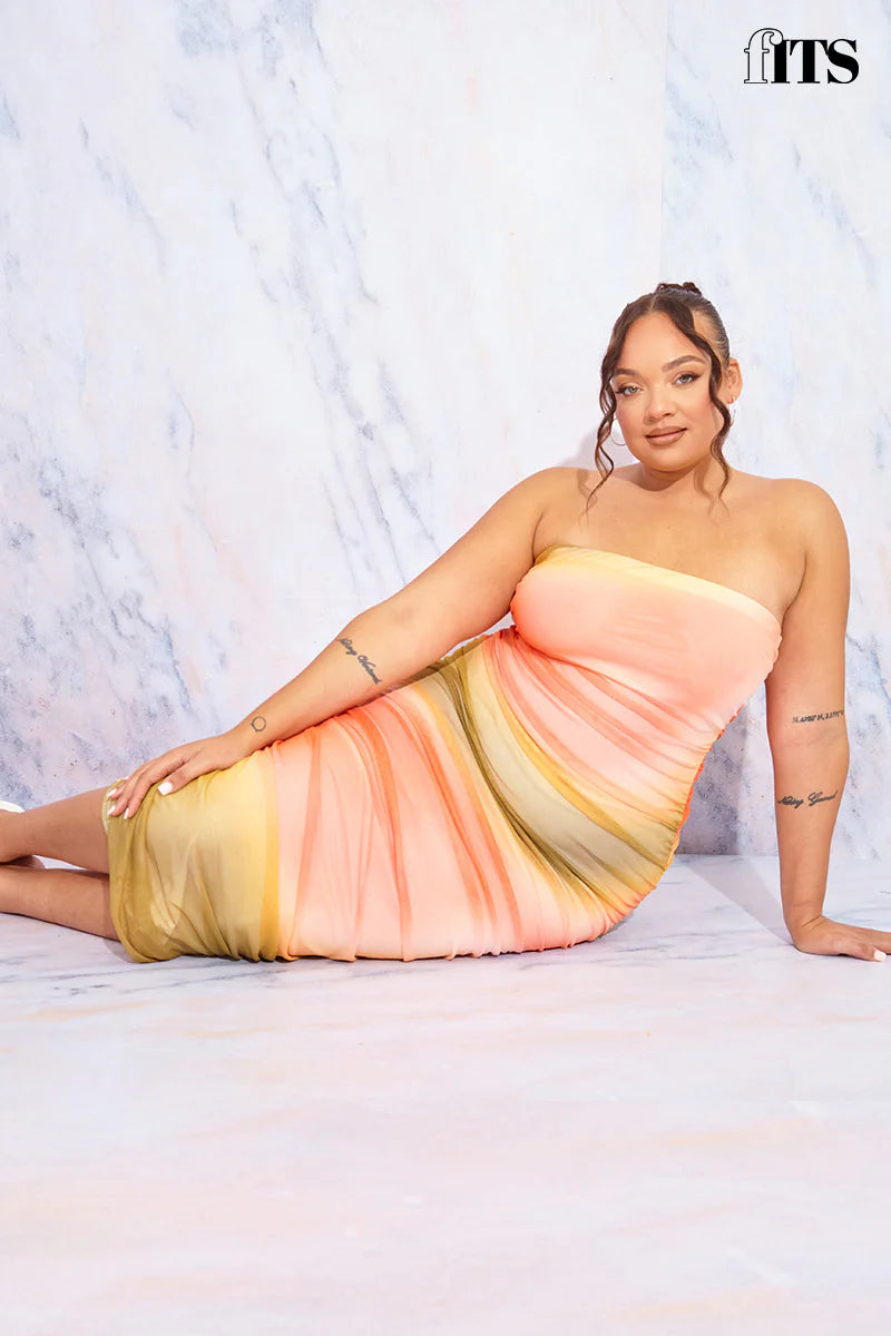 Ombre Mesh Bandeau Midi Dress