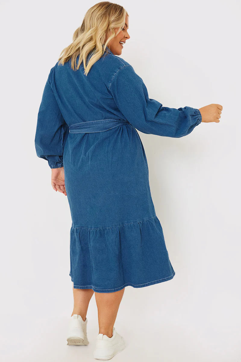Denim Belted Tiered Midaxi Shirt Dress