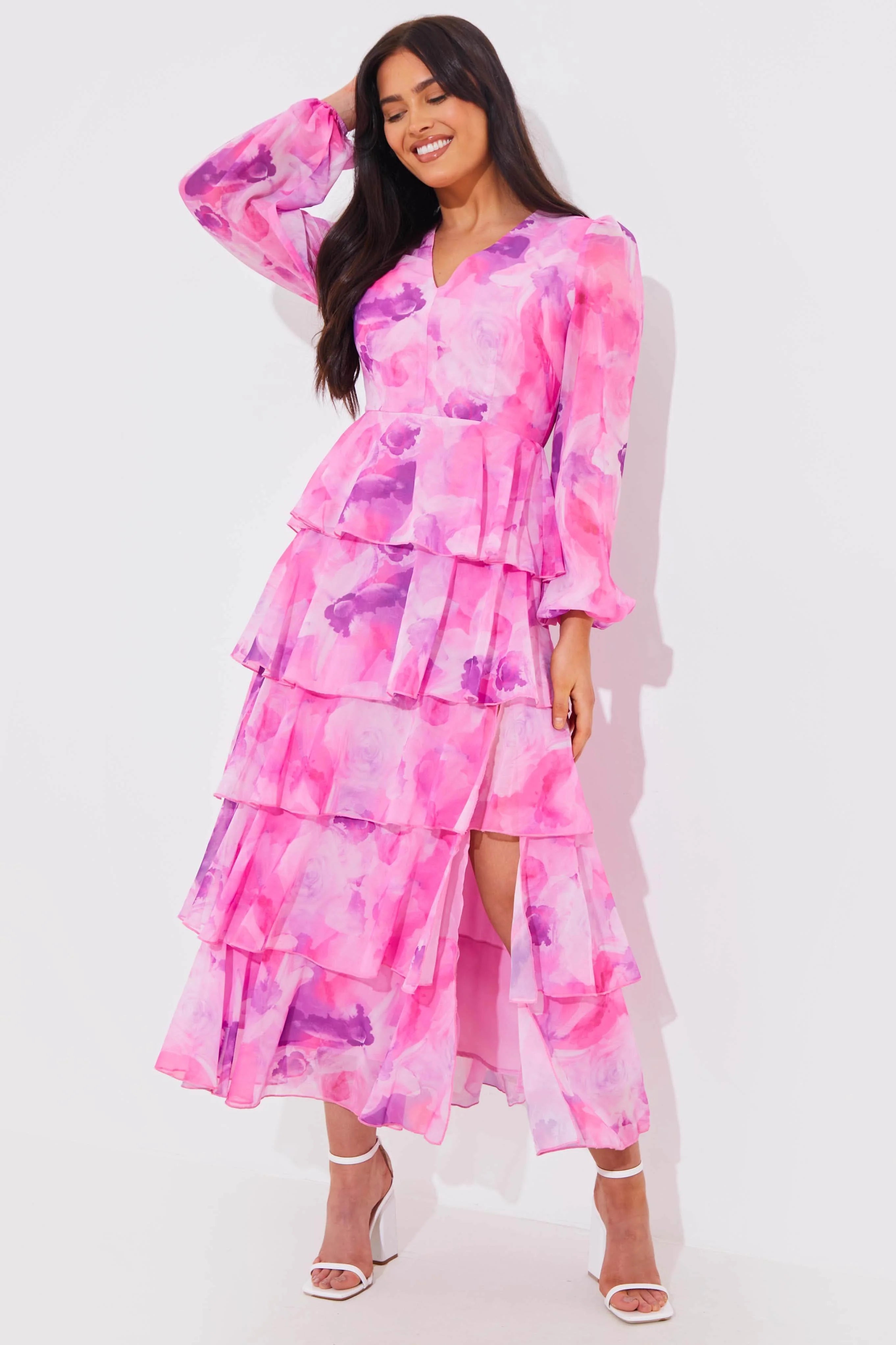 Abstract Floral Chiffon Frill Midaxi Dress