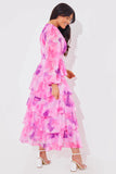 Abstract Floral Chiffon Frill Midaxi Dress