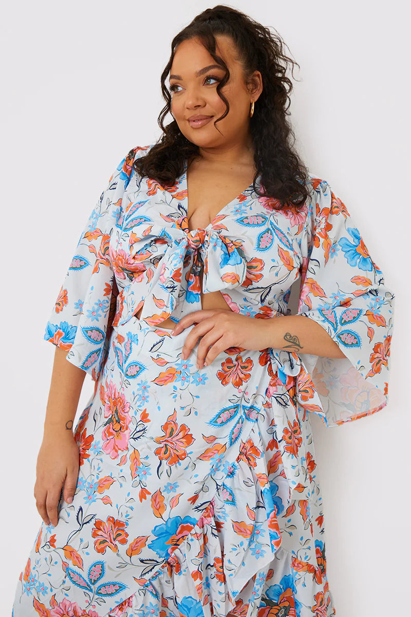 Multi Floral Tie Front Fluted Sleeve Crop Top