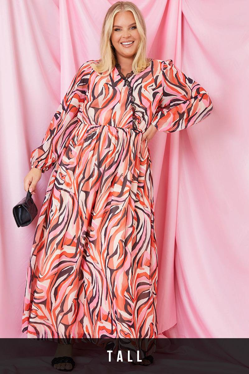 Abstract Print V Wrap Lace Trim Maxi Dress