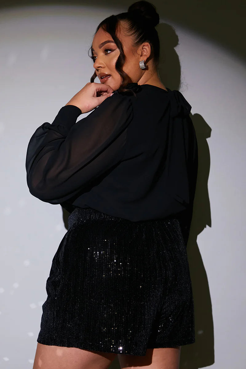 Chiffon Balloon Sleeve Detachable Corsage Blouse