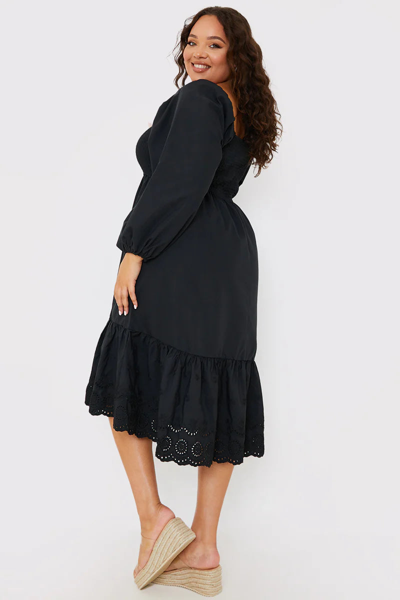 Shirred Puff Sleeve Frill Hem Midi Dress