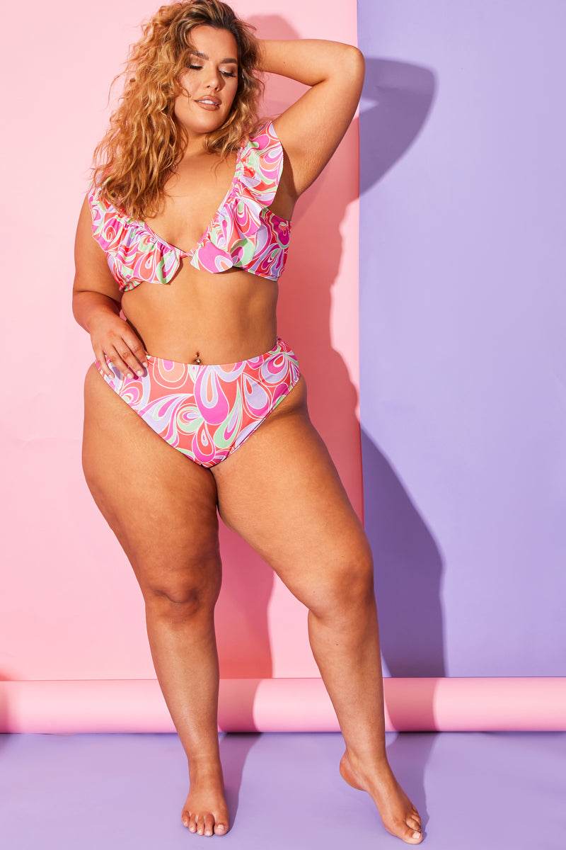 Abstract Print Ruffle Bikini Top