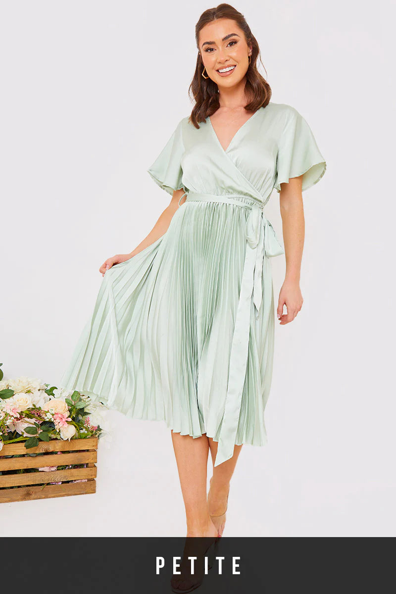Angel Sleeve Pleated Wrap Midi Dress