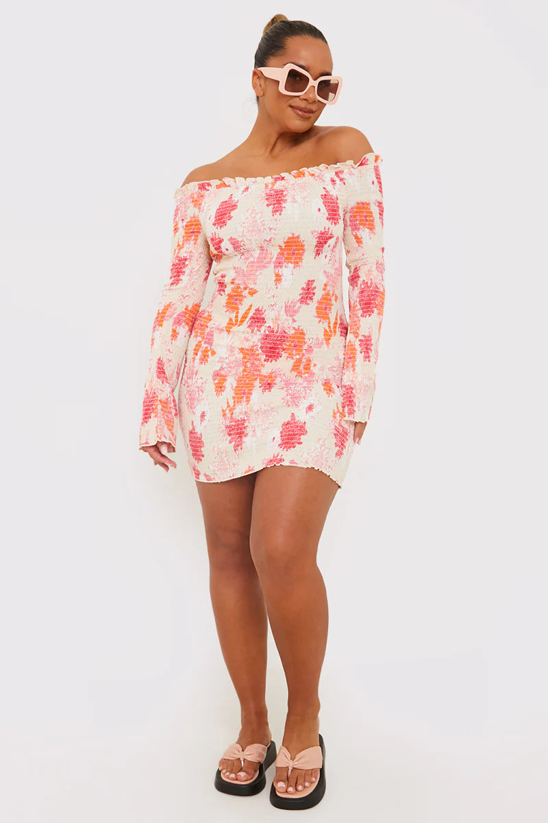 Floral Bardot Shirred Long Sleeve Mini Dress