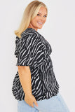 Zebra Plunge Button Front Blouse With Shirred Cuffs