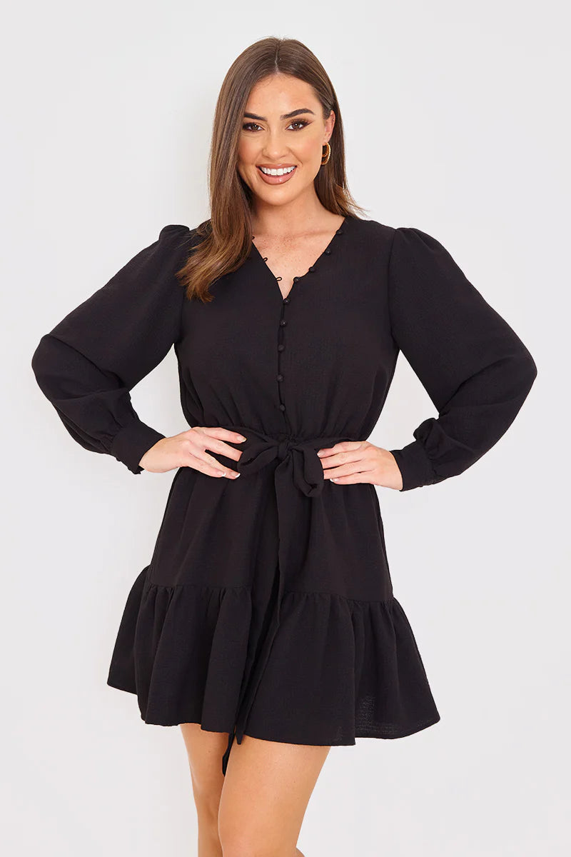 Button Detail Tie Waist Mini Dress