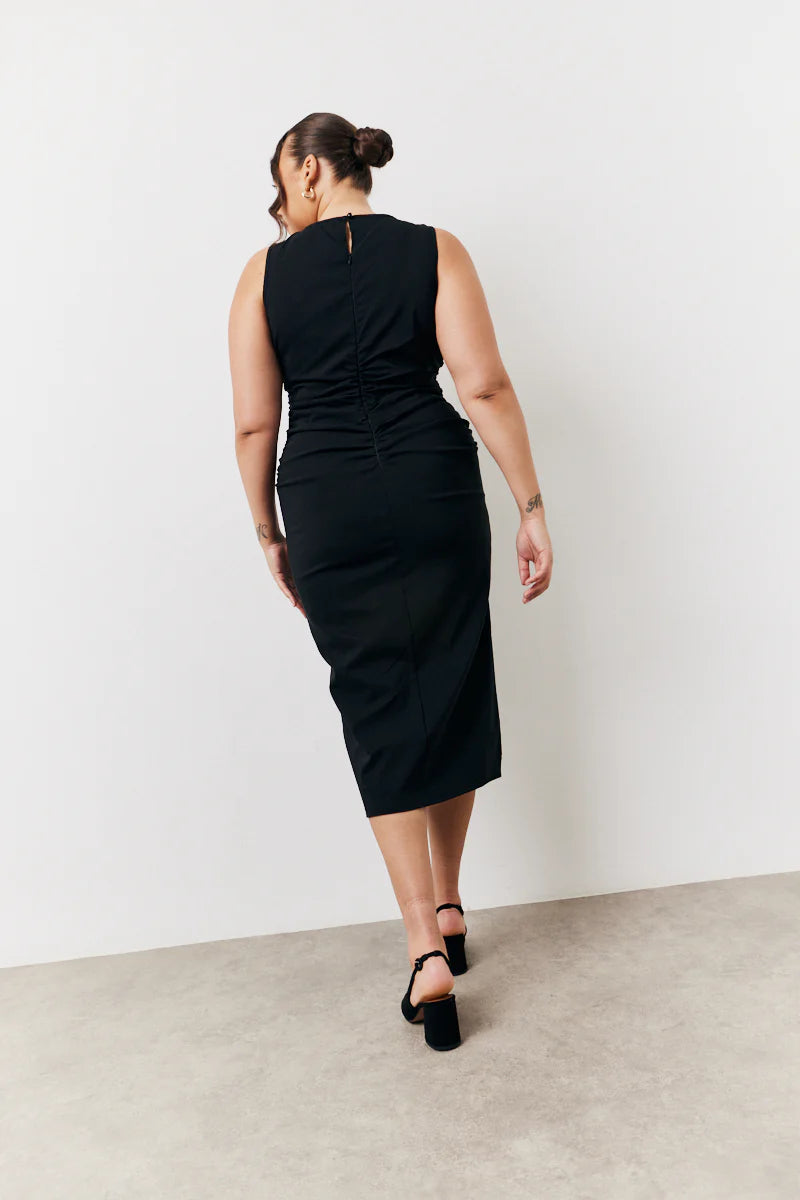 Black Bengaline Ruched Midi Dress