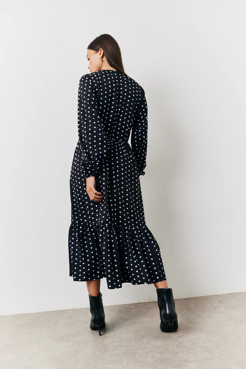 Black and White Polka Dot Frill Detail Midaxi Dress